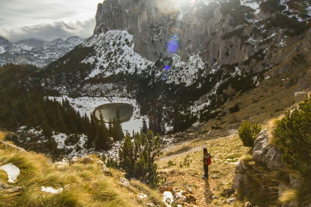 hiking durmitor, backpack, mountain, lake, snow, rock, nature